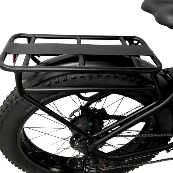 Rear rack close-up on the E Movement Raven electric bike in black.