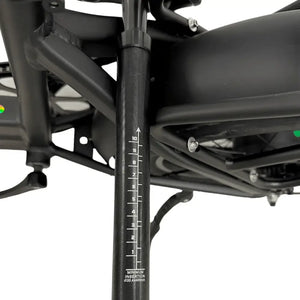 Adjustable seatpost with measurement scale on E Movement Raven e-bike.