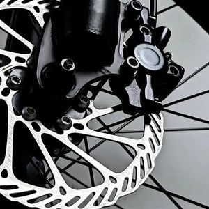 Extreme close-up of the hydraulic disc brake caliper and large rotor on the EMovement Thunder V4.2.