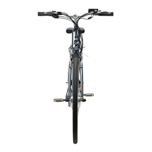 Front-facing studio view of the silver Emu Classic Crossbar electric bike showing the handlebars, front light, and tire alignment.