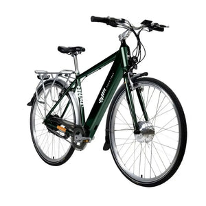 Angled view of the racing green Emu Classic Crossbar electric bike on a white background.