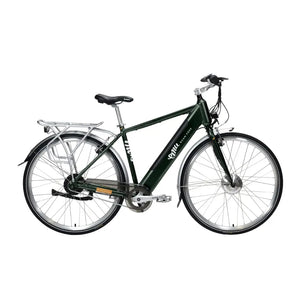 Side profile view of the racing green Emu Classic Crossbar electric bike on a white background.