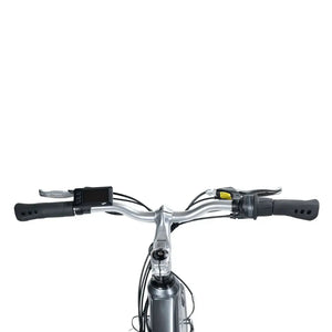 Rider's point-of-view showing the handlebars, LCD display screen, and adjustable stem on the Emu Classic Crossbar bike.