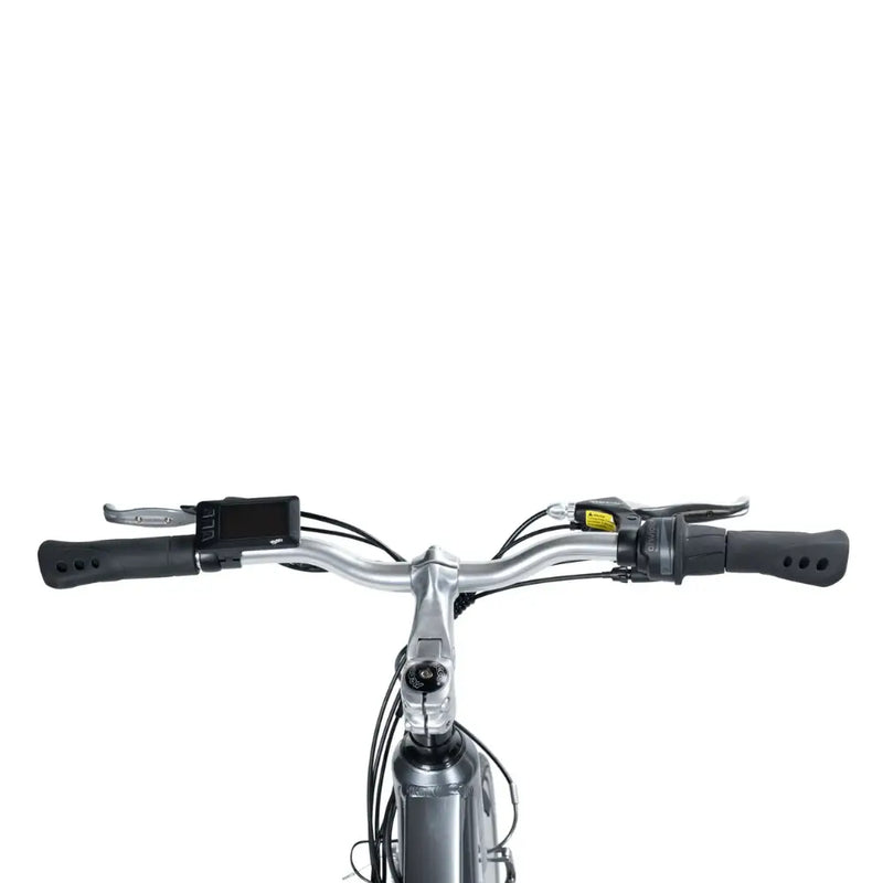 Rider's point-of-view showing the handlebars, LCD display screen, and adjustable stem on the Emu Classic Crossbar bike.