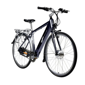Angled view of the navy blue Emu Classic Crossbar electric bike on a white background.