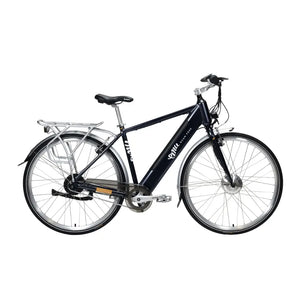 Side profile view of the navy blue Emu Classic Crossbar electric bike on a white background.
