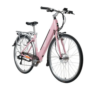Angled view of the fuschia Emu Classic Step Through electric bike on a white background.