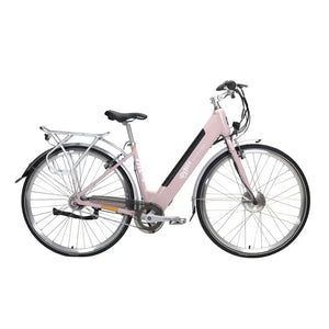 Side profile view of the fuschia Emu Classic Step Through electric bike on a white background.