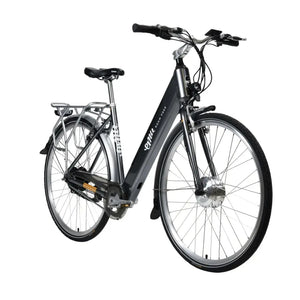 Angled view of the grey Emu Classic Step Through electric bike on a white background.