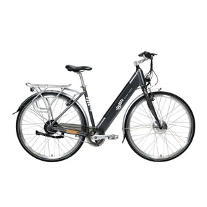 Side profile view of the grey Emu Classic Step Through electric bike on a white background.