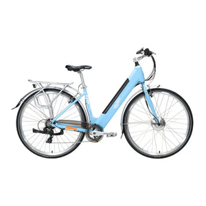 Side profile view of the light blue Emu Classic Step Through electric bike on a white background.