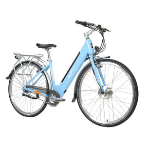 Angled view of the light blue Emu Classic Step Through electric bike on a white background.