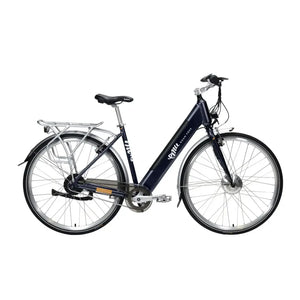 Side profile view of the navy blue Emu Classic Step Through electric bike on a white background.
