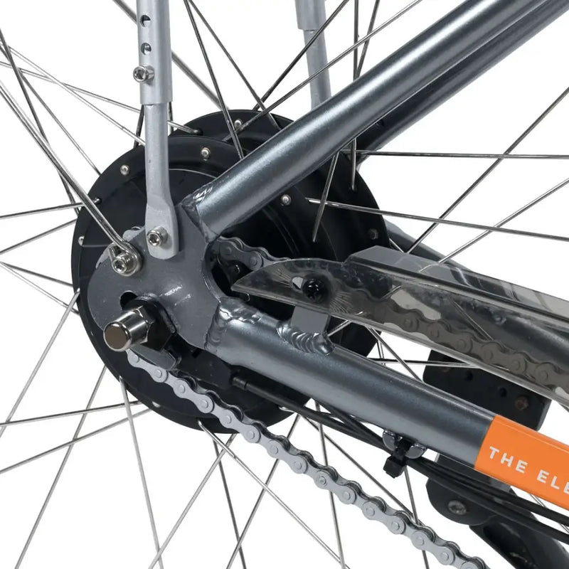 Rear frame dropout, chain, and axle nuts on the Emu Classic electric bike.