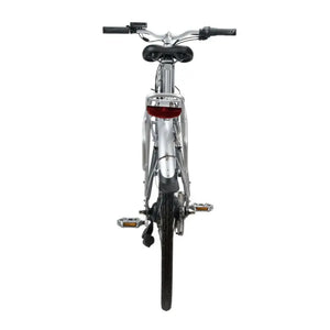 Rear view of the silver Emu Classic electric bike showing the luggage rack, rear light, and tire alignment.
