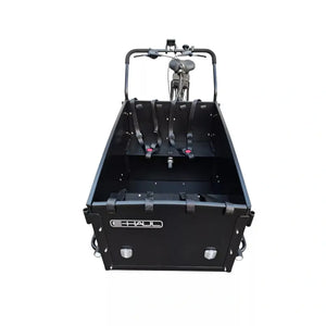 Front interior view of the EMU Cargo Box Electric Trike 250W showing cargo box seating and safety harnesses.