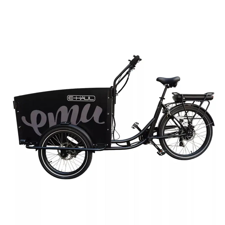 Opposite side view of the black EMU Cargo Box Electric Trike 250W with spacious front cargo compartment.