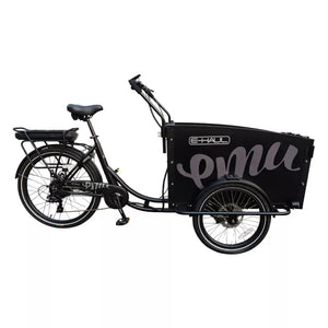 Side view of the EMU Cargo Box Electric Trike 250W in black with dual front wheels and rear cargo rack.