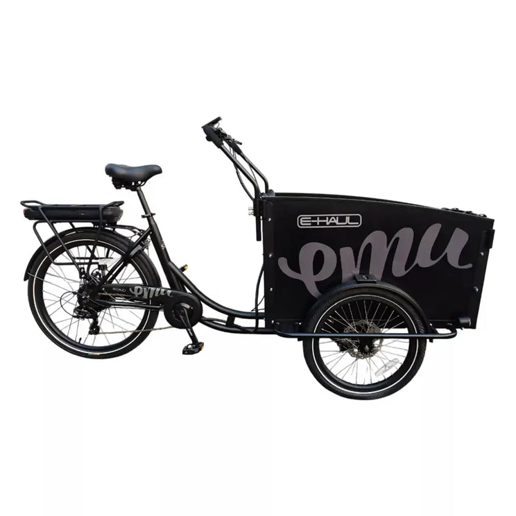 Side view of the EMU Cargo Box Electric Trike 250W in black with dual front wheels and rear cargo rack.
