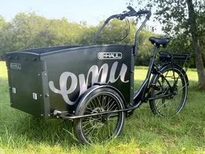 Emu E-Haul electric cargo trike with front cargo box, three-quarter view