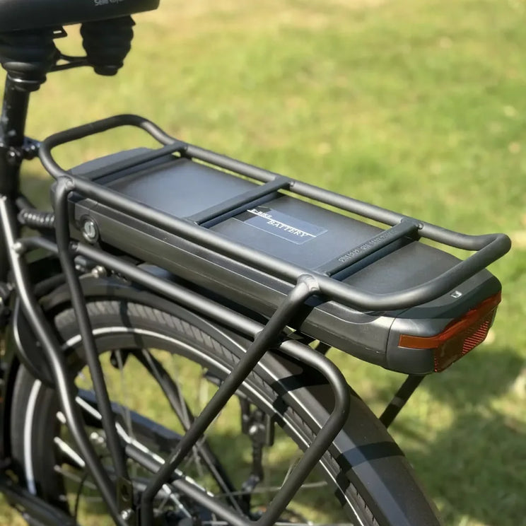Removable e-bike battery mounted under the Emu E-Haul rear rack