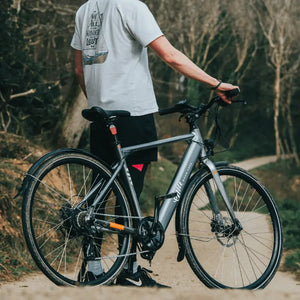 Man walking alongside the grey Emu Evo Crossbar electric bike on a sandy coastal path.