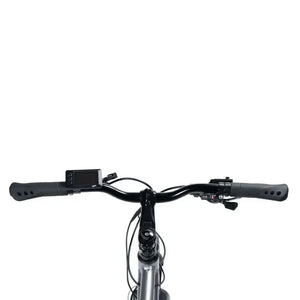 Rider's point-of-view showing the handlebars, LCD display, and control pad on the Emu Evo Crossbar bike.