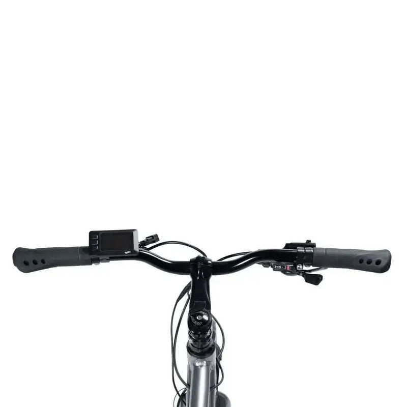 Rider's point-of-view showing the handlebars, LCD display, and control pad on the Emu Evo Crossbar bike.