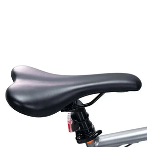Close-up detail of the comfortable black saddle seat on the Emu Evo Crossbar hybrid electric bike.