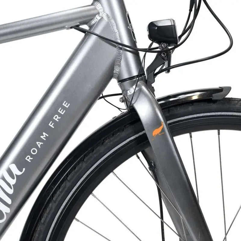Close-up of the front suspension fork, integrated light, and Emu logo on the grey crossbar electric bike.