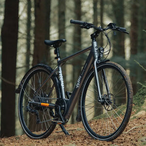 Lifestyle shot of the grey Emu Evo Crossbar electric bike in the woods.