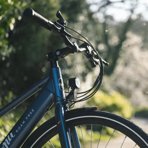Close-up lifestyle shot of the front light and handlebars of the blue Emu Evo electric bike in a nature setting.