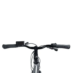 Rider's point-of-view showing the handlebars, LCD display screen, and grips on the Emu Evo electric bike.