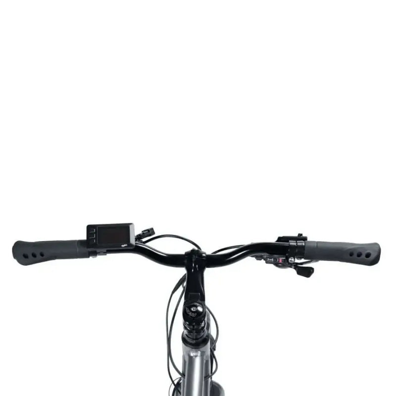 Rider's point-of-view showing the handlebars, LCD display screen, and grips on the Emu Evo electric bike.
