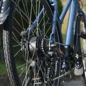 Detail view of the rear hub motor and disc brake on the blue Emu Evo electric bike.