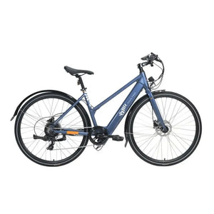 Side profile view of the blue Emu Evo Step Through hybrid electric bike on a white background.