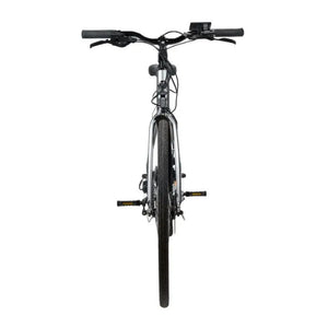 Front-facing studio view of the Emu Evo electric bike showing the handlebars, cables, and front tire.