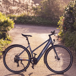 Scenic shot of the blue Emu Evo Step Through electric bike parked on a path with sunlight filtering through trees.