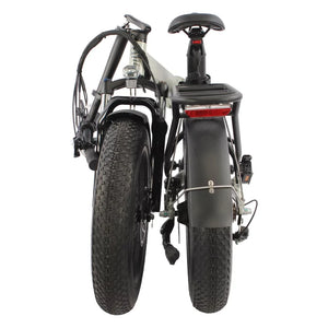 The folded Emu Fat Tyre electric bike seen from behind showing how compact it becomes