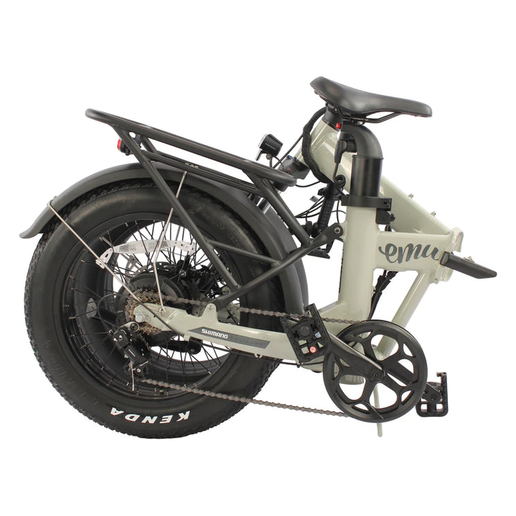 The Emu Fat Tyre electric bike folded down and photographed from the side