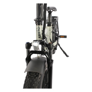 Integrated front light and suspension fork on the ivory Emu Fat Tyre folding electric bike