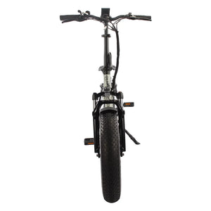Front view of the Emu Fat Tyre folding electric bike showing the suspension fork and wide front tyre