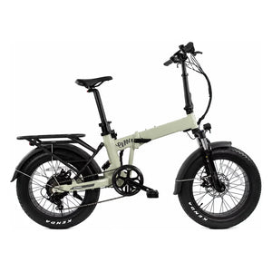 Ivory Emu Fat Tyre folding electric bike with the saddle raised to full height