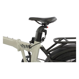 Saddle, seatpost, integrated lock and alloy rear carrier on the Emu Fat Tyre folding electric bike