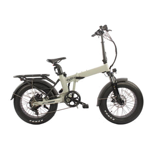 Side view of the ivory Emu Fat Tyre folding electric bike with black Kenda fat tyres
