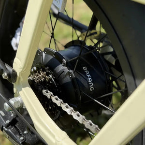 Bafang rear hub motor and cassette detail on the cream Emu Longtail electric cargo bike.