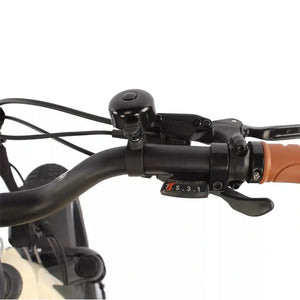 Handlebar controls on the cream EMU Longtail electric cargo bike with Shimano shifter and brake lever.