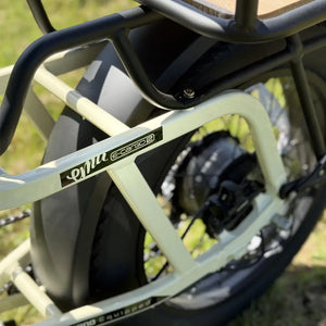 Emu Longtail frame decal and mid drive motor detail showing cream step through frame.