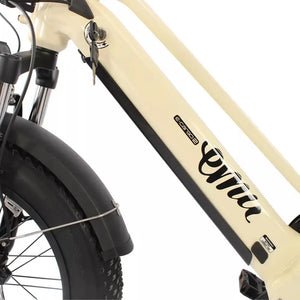 Integrated battery frame on the cream EMU Longtail cargo electric bike with step through design