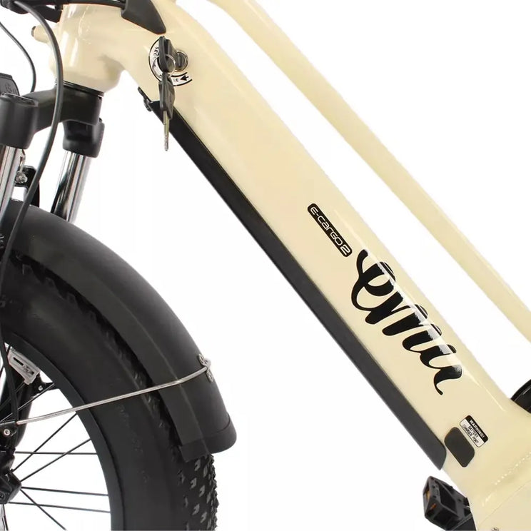Integrated battery frame on the cream EMU Longtail cargo electric bike with step through design